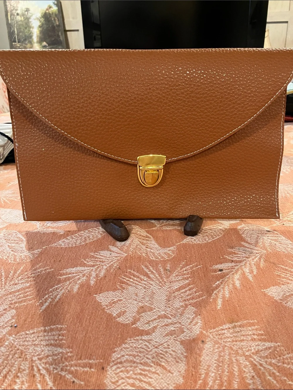 Brown Pebbled Leather Envelope Clutch with Gold Lock